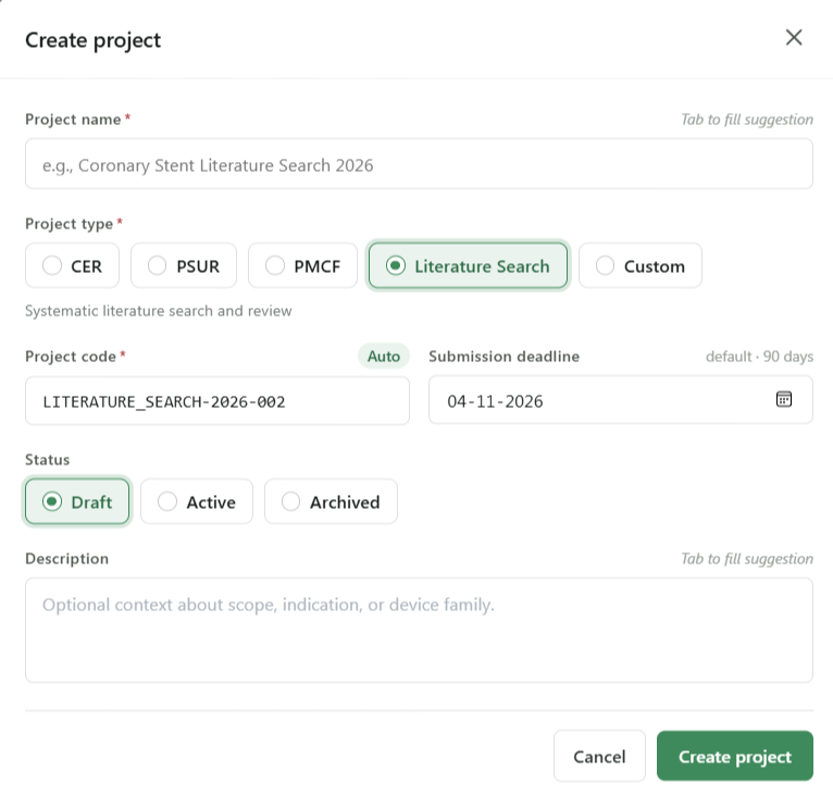 Create project modal