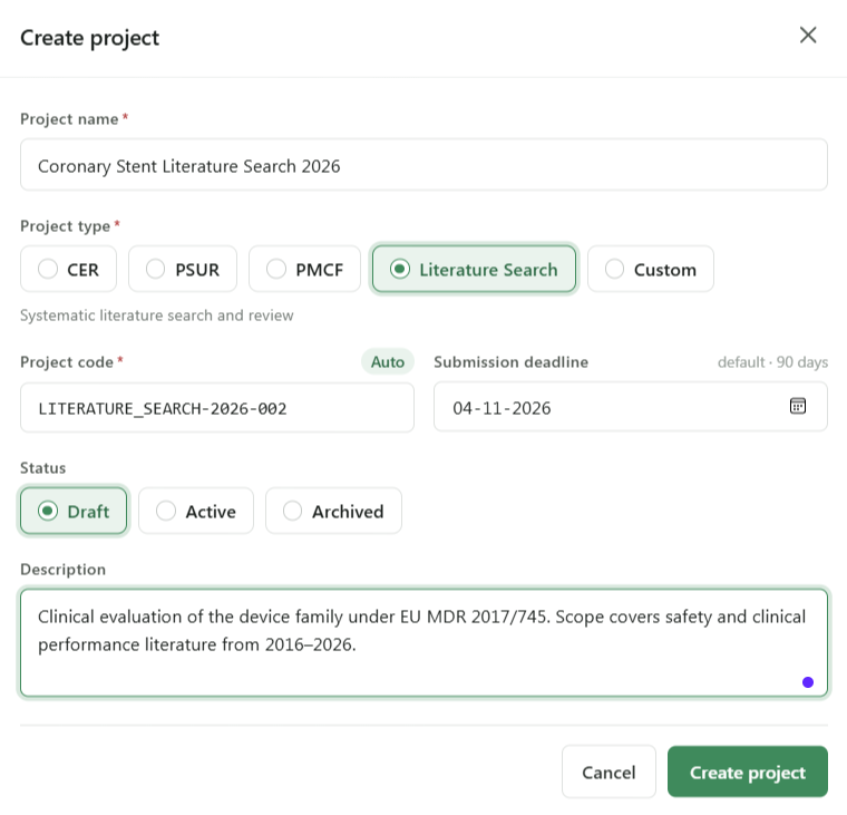 Create project modal filled